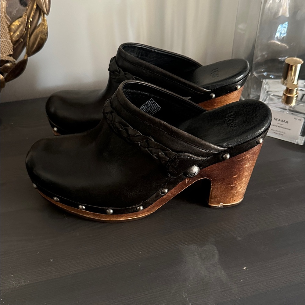 UGG Kalie Black Leather Braided Platform Clog Mule